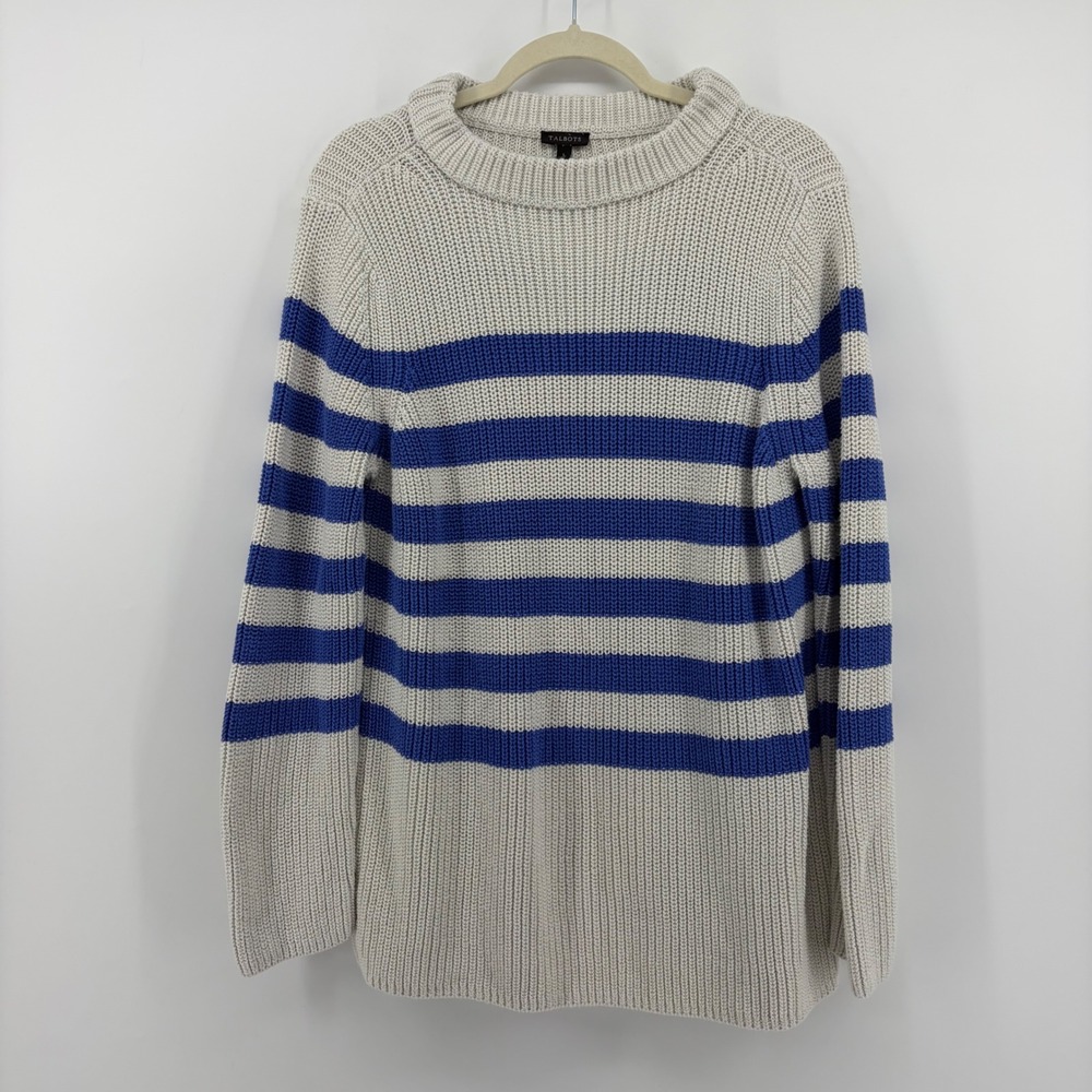 Talbots‎ Womens Large Blue White Striped Shaker Stitch Cotton Mock Neck Sweater